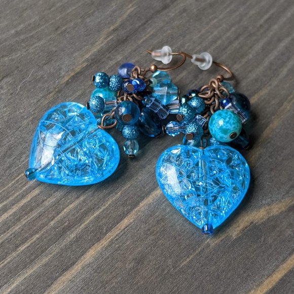 Mixed Blue Glass Bead & Blue Crackle Heart Cluster Earrings - Picture 13 of 16